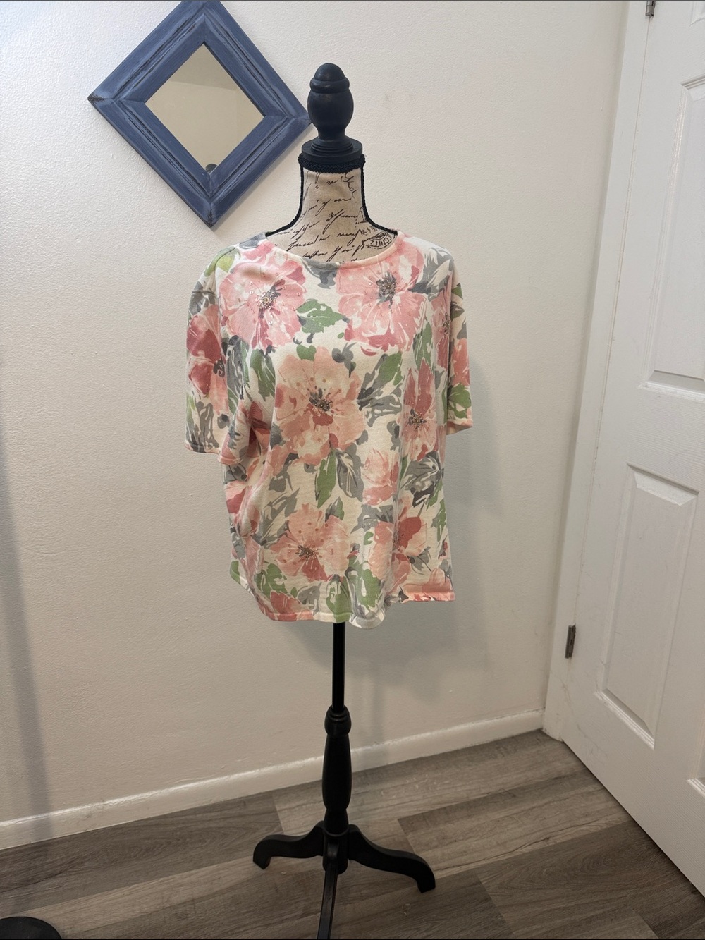 Alfred Dunner Cream Tee with Pink and Green Floral Print